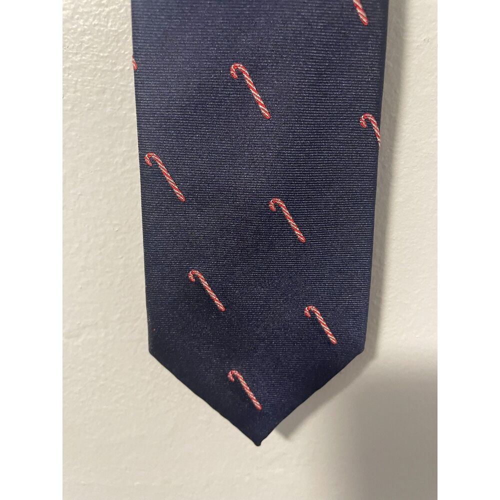 Pronto Uomo Navy Blue‎ 100% Silk Tie with Candy Canes Christmas Holiday 3"
